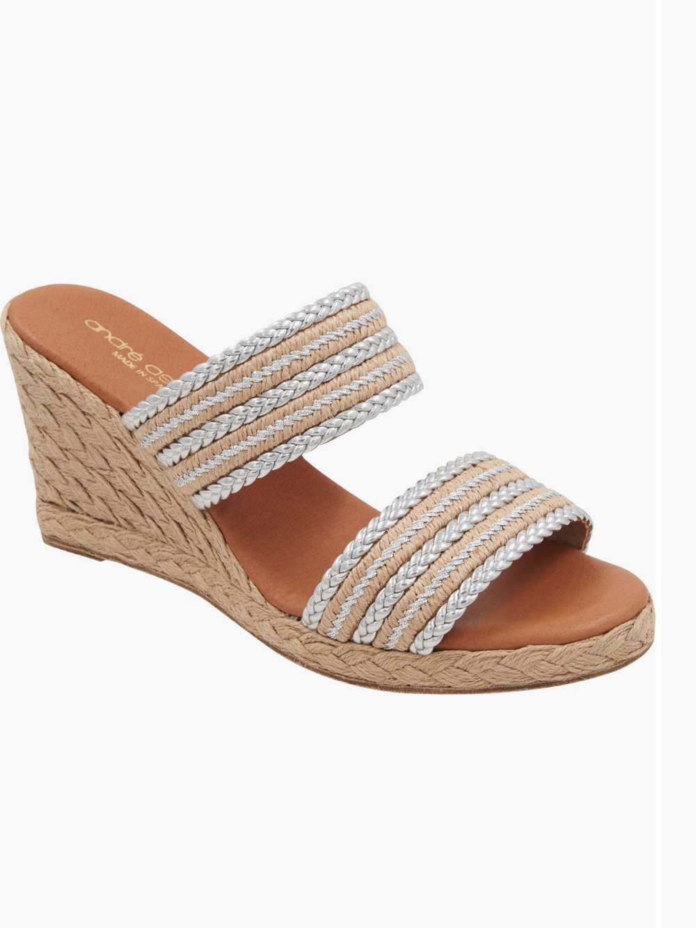 Andre Assous Natural Silver Raffia Espadrille Wedge Sandals Sz 11 Made in Spain - Picture 2 of 8